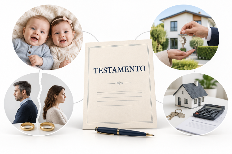 Documento titulado Testamento rodeado de cambios familiares y patrimoniales: nacimiento de nietos, venta de una vivienda, divorcio e hipoteca.